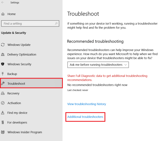 Windows 10-Fehlerbehebungsmenü