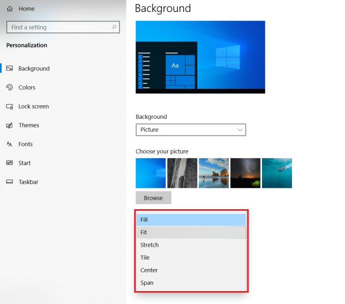 Microsoft Windows 10 배경 화면을 변경하는 방법 - 개인화 채우기