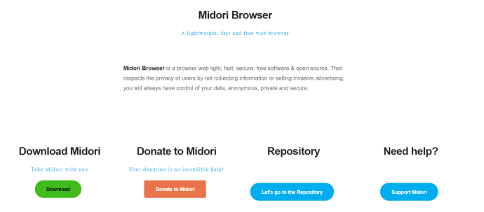 Pagina de pornire a browserului Midori.