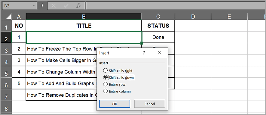 Як перемістити клітинки вниз в Excel