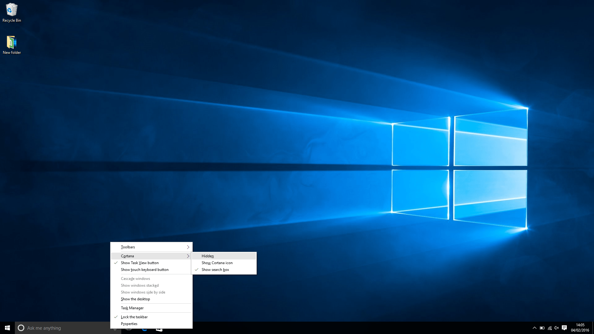 Windows 10 작업 표시줄에서 검색 표시줄 및 Cortana를 제거하는 방법