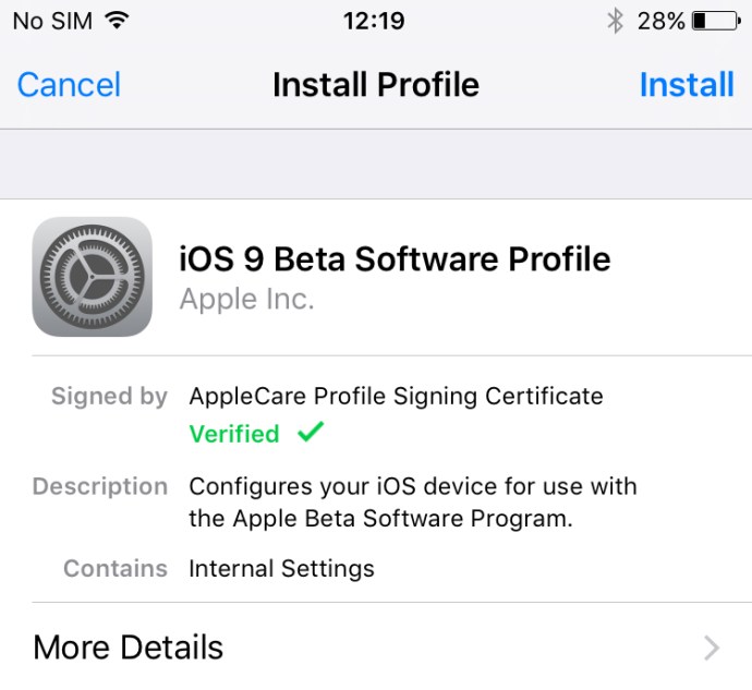 iOS 9 공개 베타: 프로필 설치