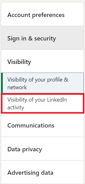 Menu de visibilité LinkedIn
